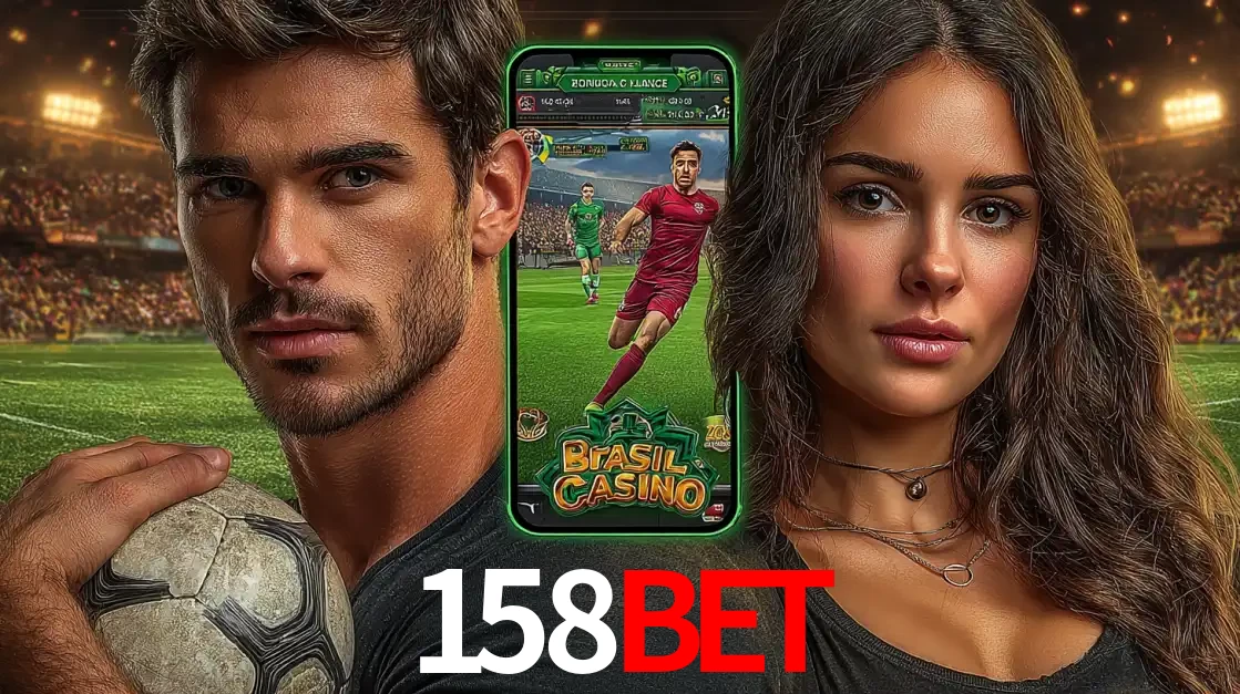 Homem segurando uma bola de futebol e uma mulher ao lado de um smartphone exibindo o jogo de apostas esportivas da 158BET. Faça seu palpite no cassino online.